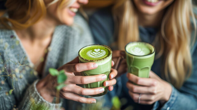 Two best friends having fun and holding cups of green matcha latte in cafe. Friends enjoying trendy Japanese beverage. Close up. two young women meeting at cafe for matcha tea and conversation.
