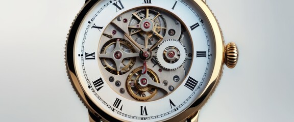 A close-up view of a sophisticated luxury watch mechanism showcasing intricate gears and Roman numeral dials.