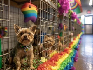 A Pride Monththemed pet adoption center with rainbow decorations