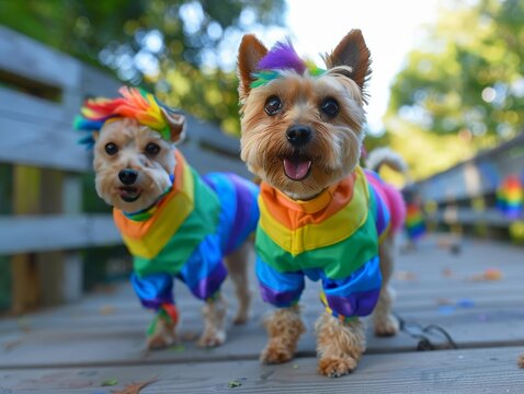 A Pride Monththemed dog walking service with dogs in rainbow attire