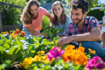 a family gardening together in a backyard with colorful flowers and vegetables