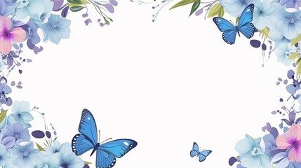 Elegant floral frame with blue butterflies and delicate flowers for invitations, greeting cards, and decorative designs.