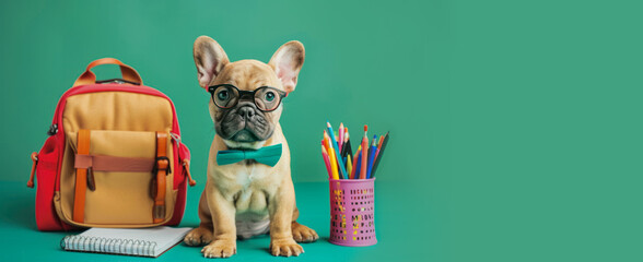 Funny dog student on green background with a backpack, books and school supplies banner. Back to school, college, university. Copy space. Online courses, distant education, 1 September, library