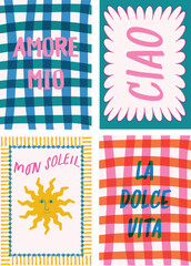 4 Risograph-style vibrant posters with Italian text Amore Mio, Ciao, Dolce Vita. Vector hand-drawn frames, checkered background, ideal for fashion graphics, t-shirt prints, posters, and cards.