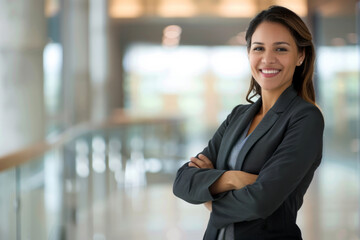 a Hispanic businesswoman standing tall, radiating pride and happiness in her role.
