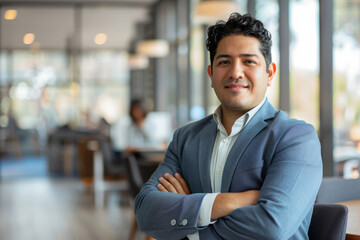 Naklejka premium a Hispanic entrepreneur radiating confidence and professionalism in a modern office.