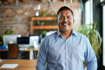 Obraz premium a Hispanic entrepreneur radiating confidence and professionalism in a modern office.