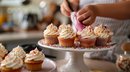 a home bakery setup with a person decorating cupcakes