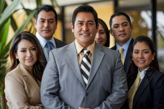 a Hispanic business team posing for a portrait, exuding pride, confidence, and motivation, illustrating the effectiveness of teamwork.
