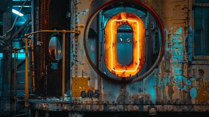 A neon sign with the letter O in red lights