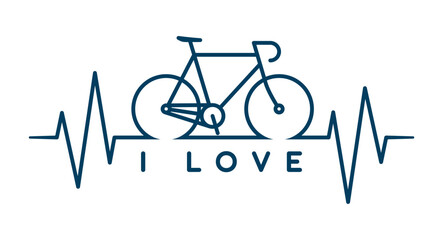 Vector blue image of road bike with medical pulse line. Isolated on white background.