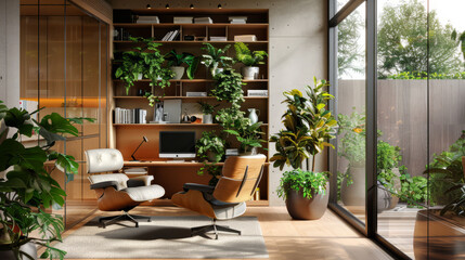a modern eco-friendly home office with plants, natural light, and ergonomic furniture