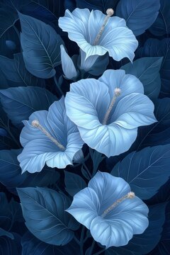 Blue Flowers With Green Leaves Painting