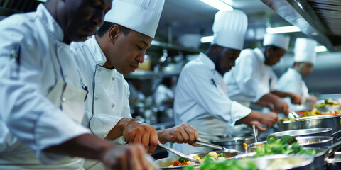 a multicultural group of chefs preparing dishes in a professional kitchen