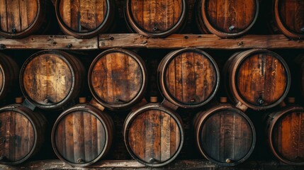 Background of stacked oak beer barrels in a traditional brewery setting