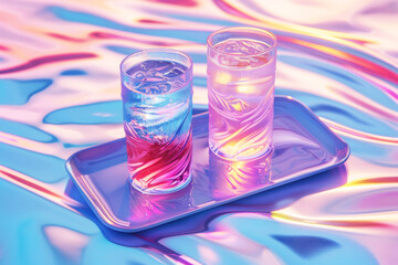 Two glasses of water with ice in drink tray. Pink, blue and violet gradient. Refresh drink