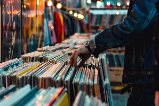 a person browsing vinyl records in a retro music store, with vintage decor and focused expression, promoting nostalgia and music culture.