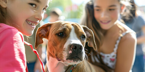 a pet adoption event with families meeting their potential new pets