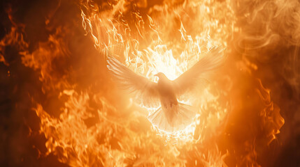 A representation of the Holy Spirit from the New Testament, depicted as a winged dove surrounded by flames, with room for text.