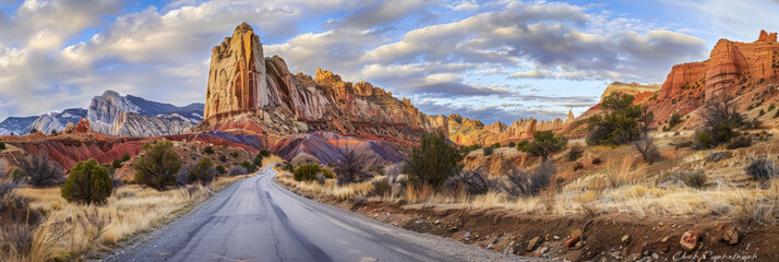 a scenic drive through a national park with majestic landscapes