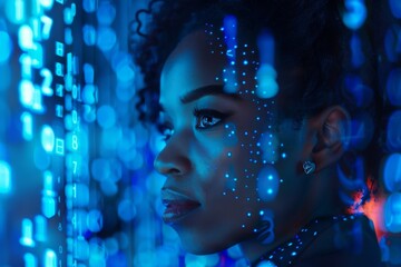 An obscured portrait of a woman with a digital data overlay, suggesting themes of AI and cyber identity