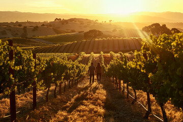 a scenic vineyard at sunset with a couple walking through the rows of grapevines
