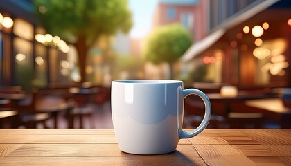 A white ceramic coffee mug on a wooden table, with a softly blurred background of a cozy 