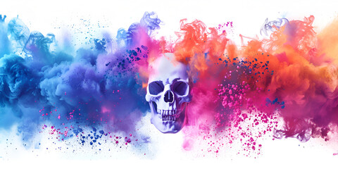 Skull on the background of dust paints smoke happy holi indian concept
