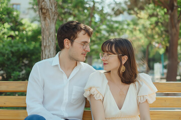 Fototapeta premium Couple Sitting on a Bench, Wearing Glasses and Casual Attire, Outdoors in a Park with Greenery