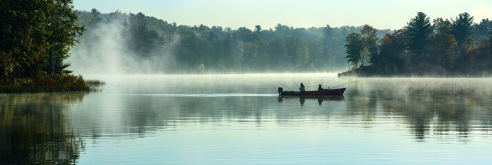 a serene morning fishing trip on a calm lake with mist rising from the water - Powered by Adobe
