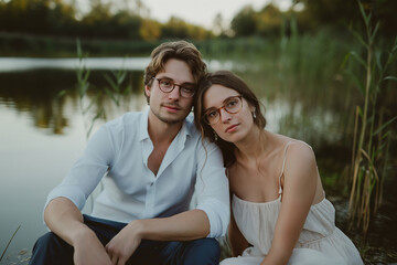 A young couple with glasses sitting by the lake, enjoying a calm summer afternoon