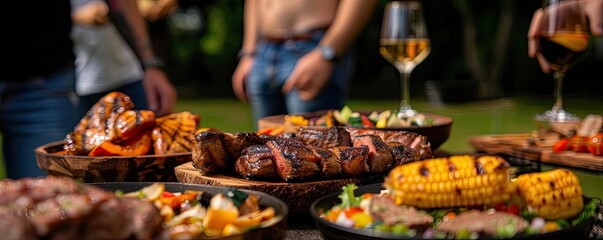Grilled steak and vegetables on plates at an outdoor barbecue with people in background enjoying a summer meal.