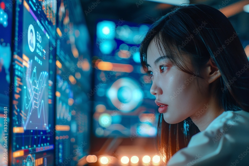 Poster a woman engrossed in analyzing complex data on multiple futuristic digital screens in a high-tech en