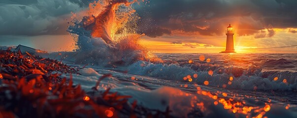 Dramatic seascape with towering waves crashing, against a sunset backdrop and a distant lighthouse guiding ships through turbulent waters.