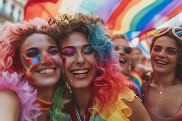 Obraz premium A vibrant group of friends celebrate at a Pride parade, surrounded by rainbow colors and joyous expressions