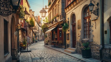 Fototapeta premium A historic European street with charming old buildings, cobblestone pavement, and vintage street lamps, with copy space.