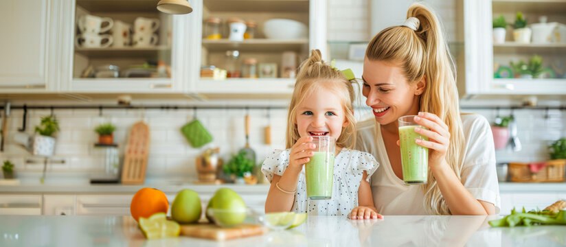 Happy young beautiful mother and her little daughter enjoying healthy green vegetable smoothie drink or juice, drinking and enjoy fresh cocktail in the kitchen. diet, detox and Healthy food banner.