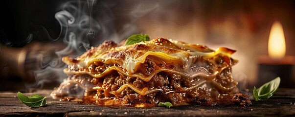 Delicious homemade lasagna with melted cheese, rich meaty layers, and fresh basil, served hot with a rustic wooden background and candlelight.