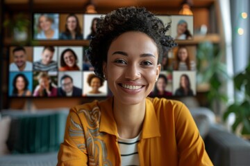 A woman in a yellow jacket engaging in a video call with several people, showcasing connectivity