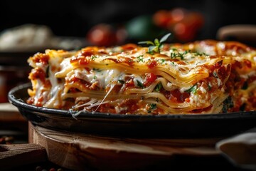 Delicious homemade lasagna with layers of pasta, cheese, and meat sauce, garnished with fresh herbs, ready to be served.