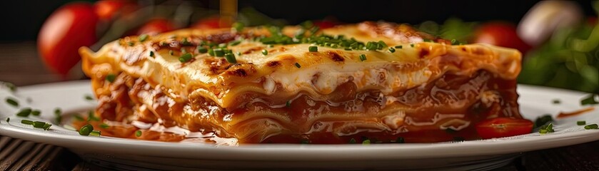 Delicious homemade lasagna with layers of pasta, meat sauce, and melted cheese, garnished with fresh herbs on a white plate.