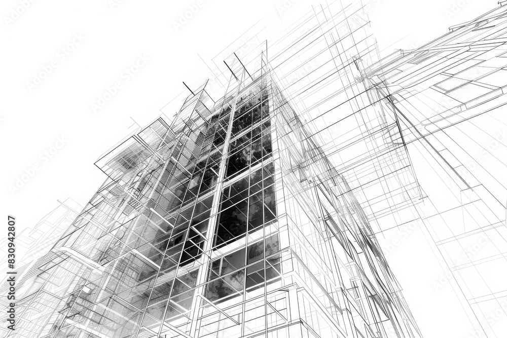 Poster monochrome architectural blueprint showing a detailed transparent sketch of a building in progress