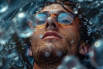 Fototapeta premium Close-up of a man submerged in water with face intentionally blurred, focusing on bubbles and water texture