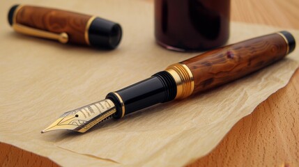 A classic fountain pen with a polished nib and a bottle of ink, placed on a sheet of parchment paper, with copy space.