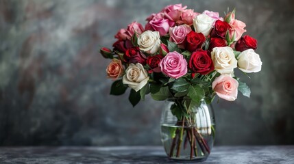 A stunning bouquet of roses in various shades of red, pink, and white, arranged in a clear glass vase, with copy space.