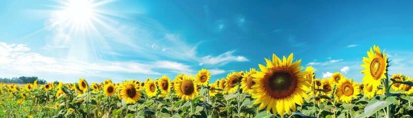 Fototapeta premium A vibrant field of blooming sunflowers under a clear blue sky, with the sun shining brightly, with copy space.
