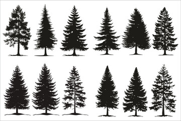 Christmas trees silhouettes, Christmas trees pictogram set, Pine tree silhouette, Silhouette of pine trees, Forest fir trees, Forest, Pine, Tree, Nature, Pine tree, Christmas tree, Decorated tree