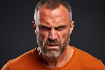 Obraz premium A man with a beard and a bald head is wearing an orange shirt and looking angry