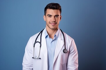 A young man in a white lab coat is smiling and holding a stethoscope