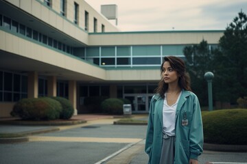Naklejka premium A woman in a blue coat stands in front of a building